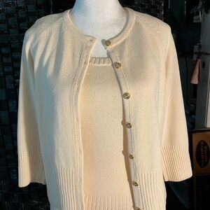 St John Twin Set Button Front Cream Cardigan with Tank Top Gold Buttons Size P